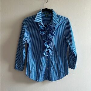 Ralph Lauren Blue and White Striped 100% Cotton Button Down Shirt